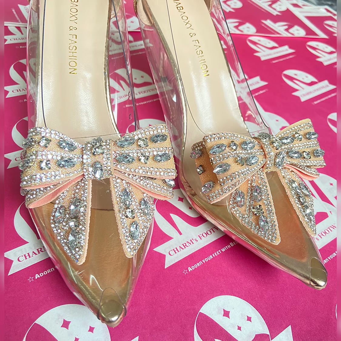 Champagne Transparent Bow Metallic Heels (pre order)